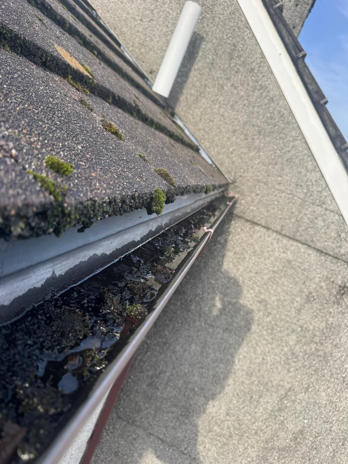 Blocked gutter overflowing with leaves and debris