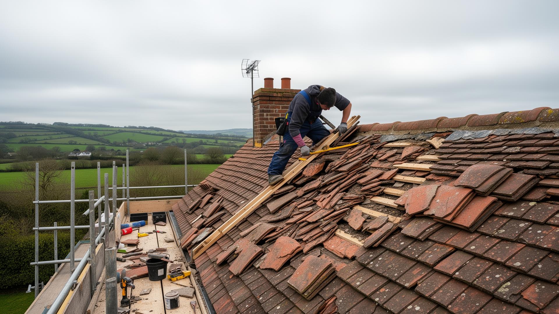Scenic roof cleaning in progress showing professional equipment and technique