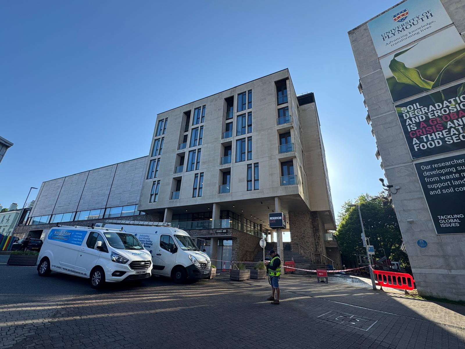 Scrub and Shine vans at University of Plymouth commercial project